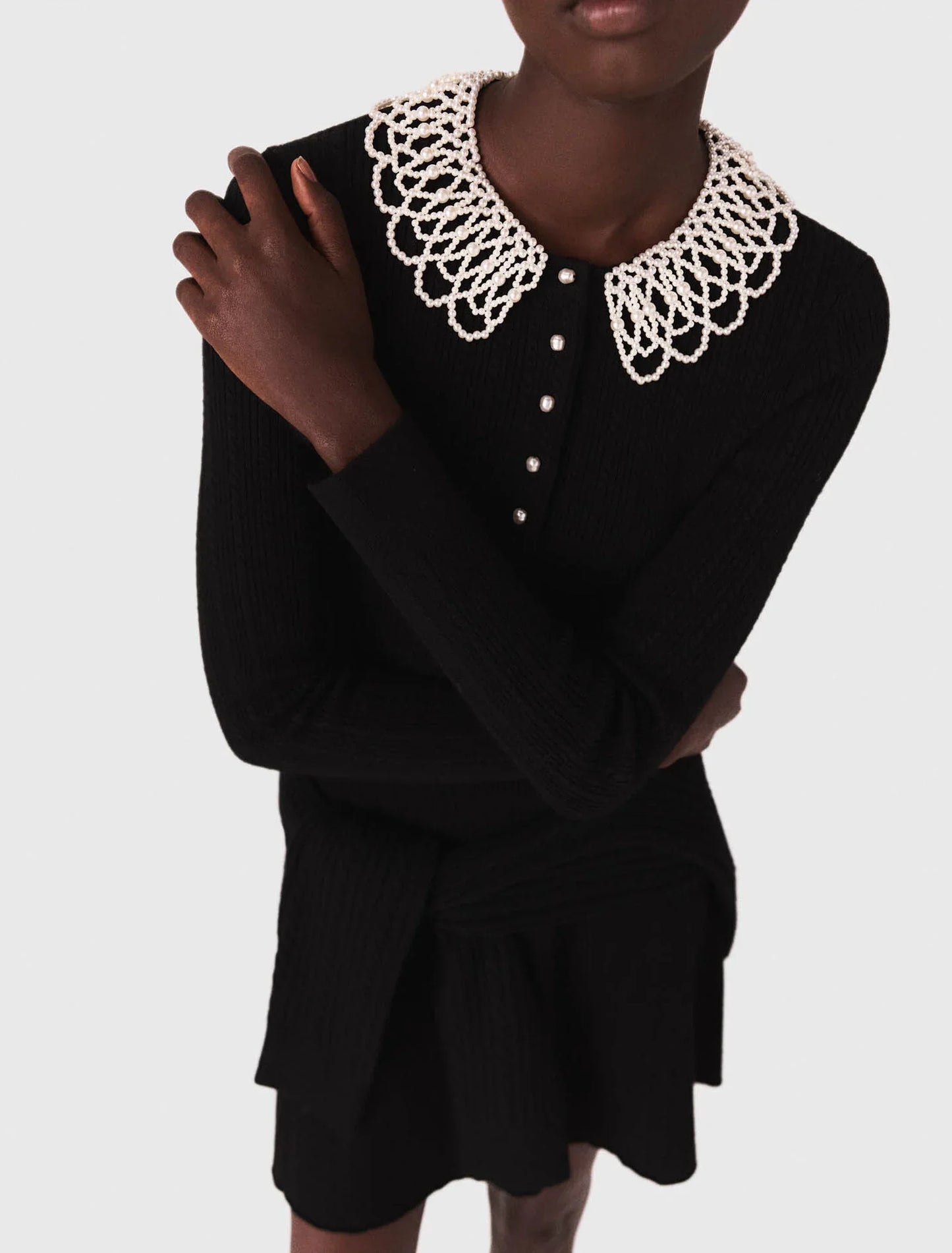 mfpro04468 short beaded collar knit dress black