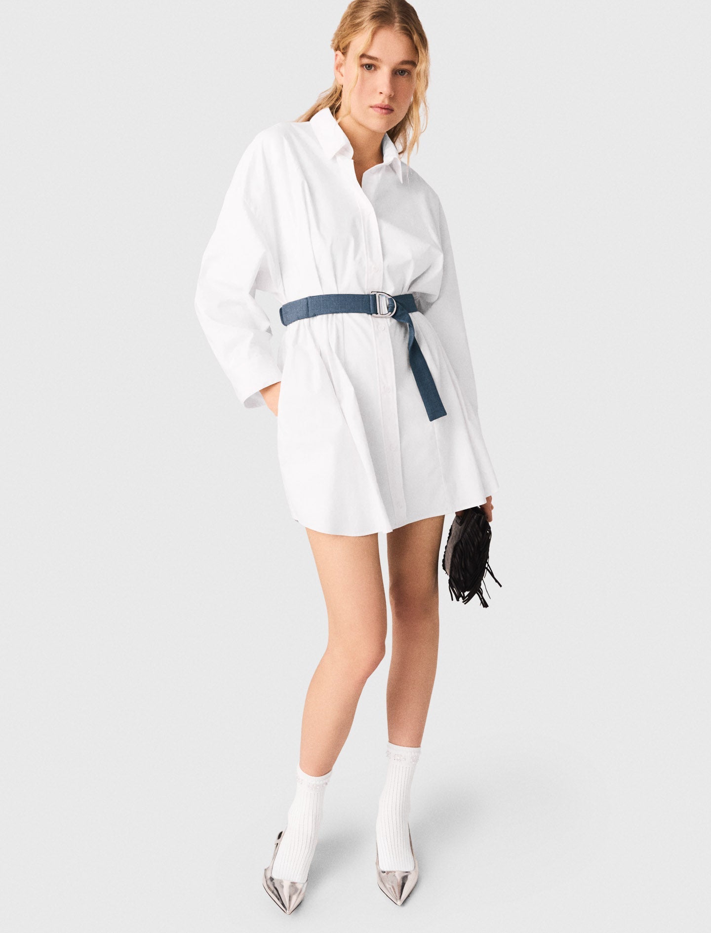 Shirt Dress With Contrast Belt WHITE