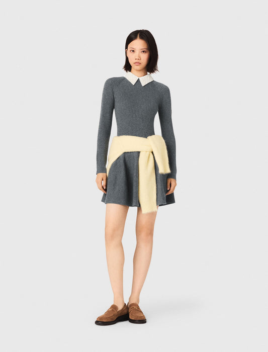 Beaded-collar short knit dress GREY