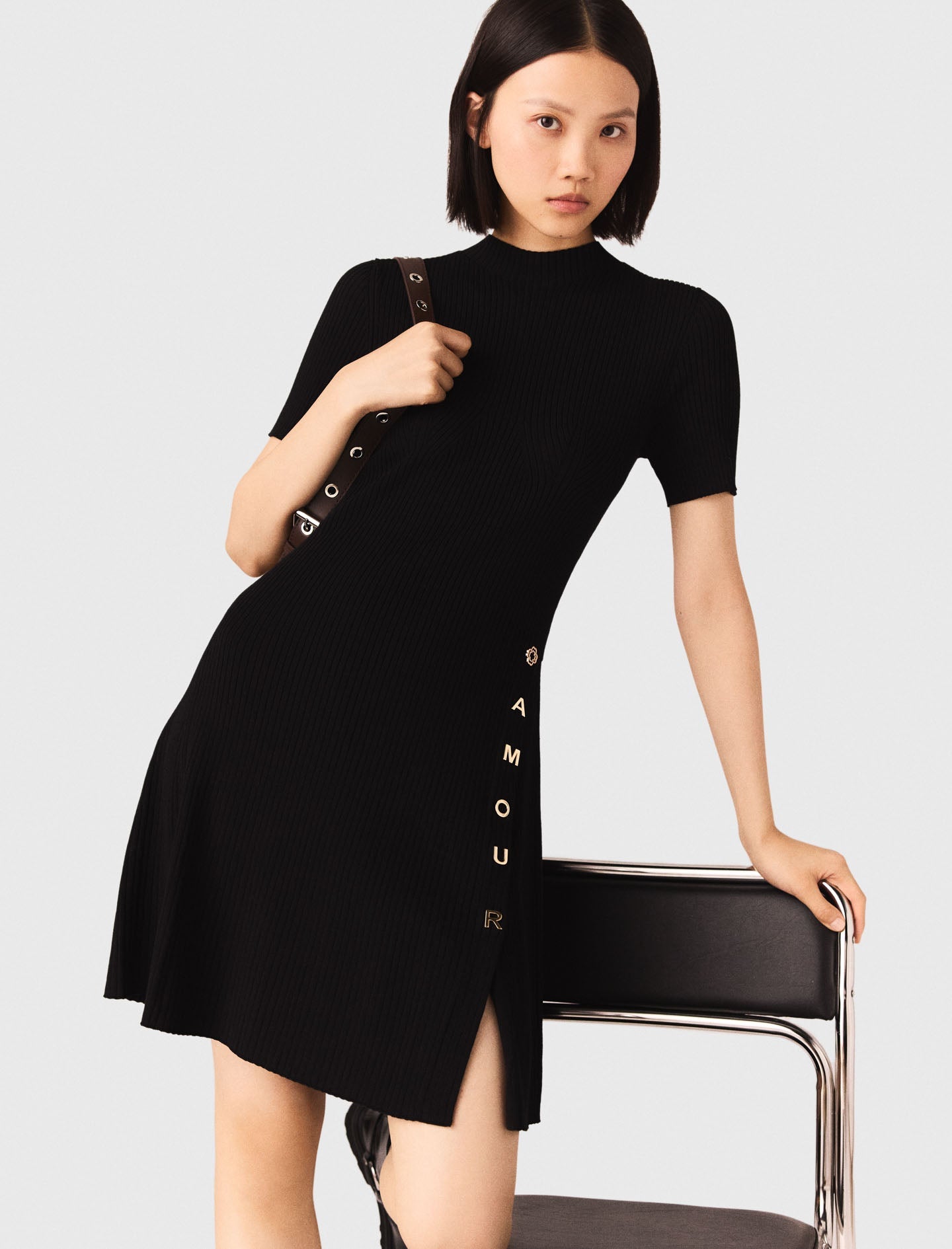 Short Knit Button Dress Black