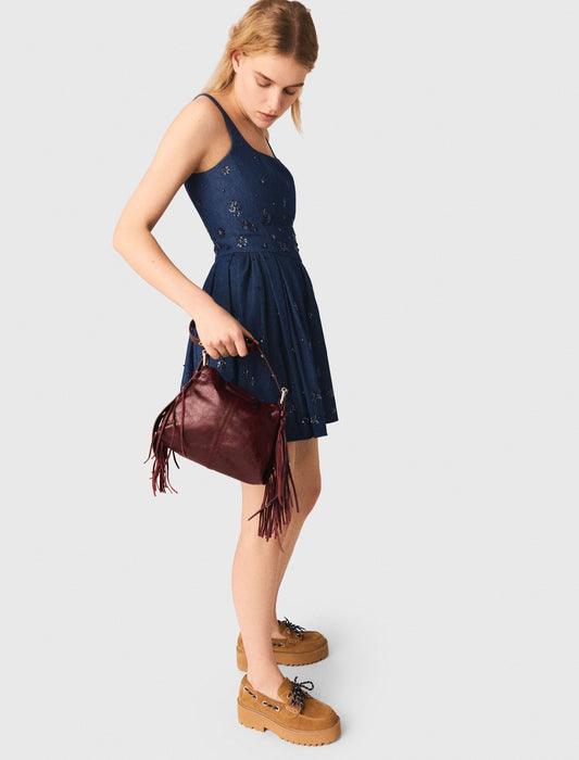 Flared Embroidered Denim Dress NAVY