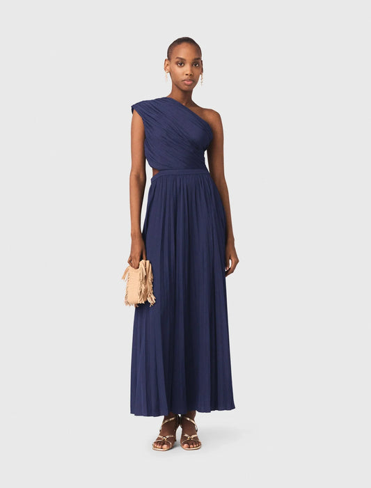 Asymmetrical Pleated Maxi Dress Navy