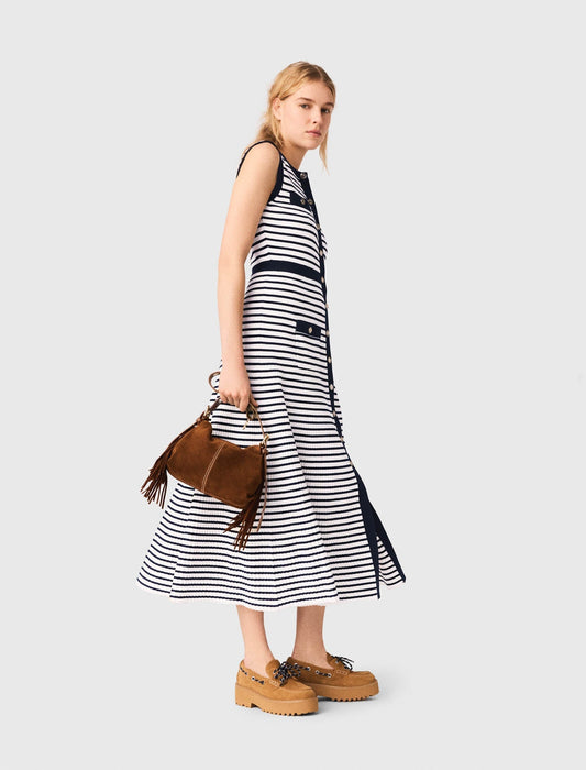 Breton Stripe Knit Maxi Dress Ecru/Navy Blue
