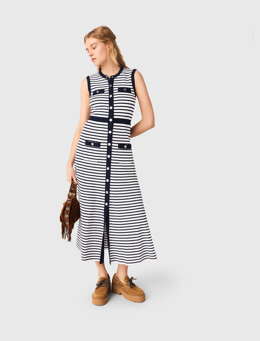 Breton Stripe Knit Maxi Dress Ecru/Navy Blue