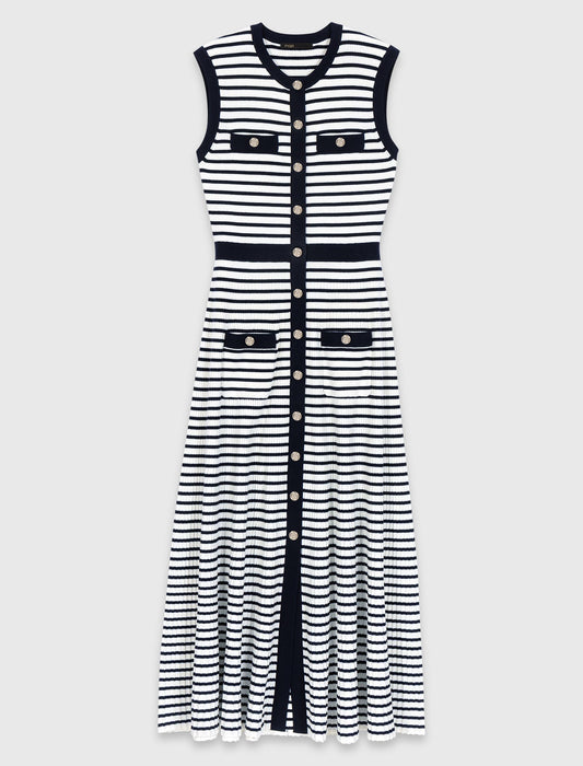 Breton Stripe Knit Maxi Dress Ecru/Navy Blue