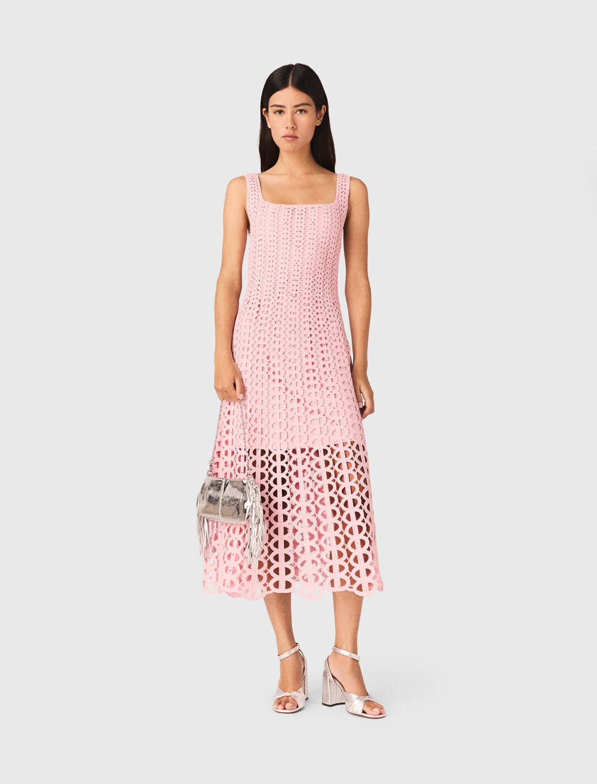 Rhinestone Crochet Midi Dress Pink