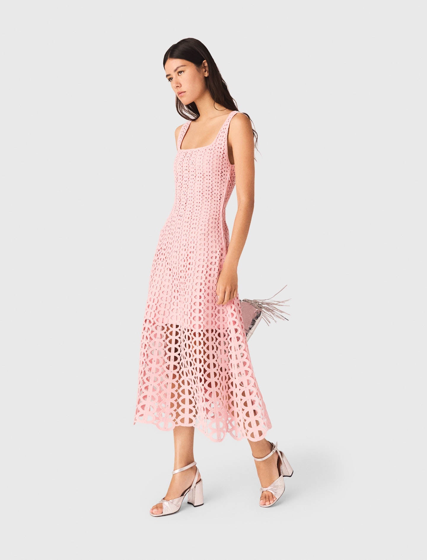 Rhinestone Crochet Midi Dress Pink