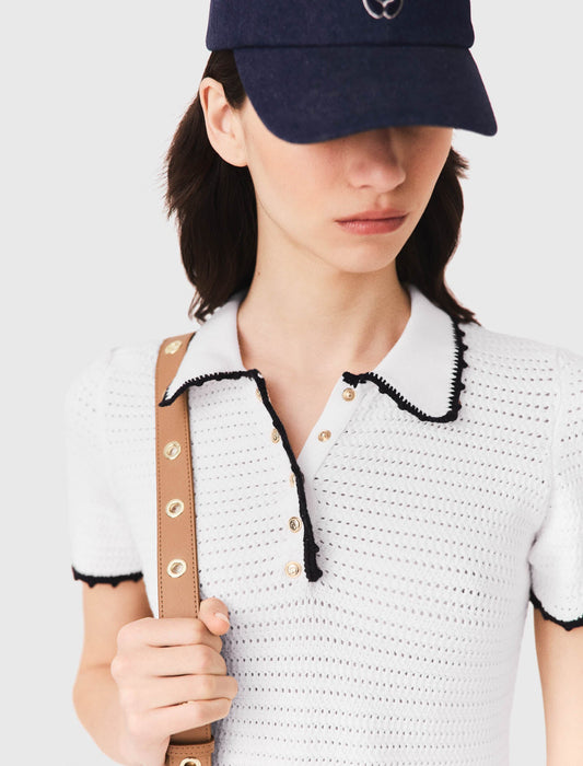 Knit polo dress with crochet White