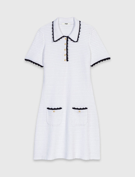 Knit polo dress with crochet White