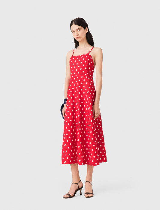 Backless linen-blend maxi dress Red Dots Print