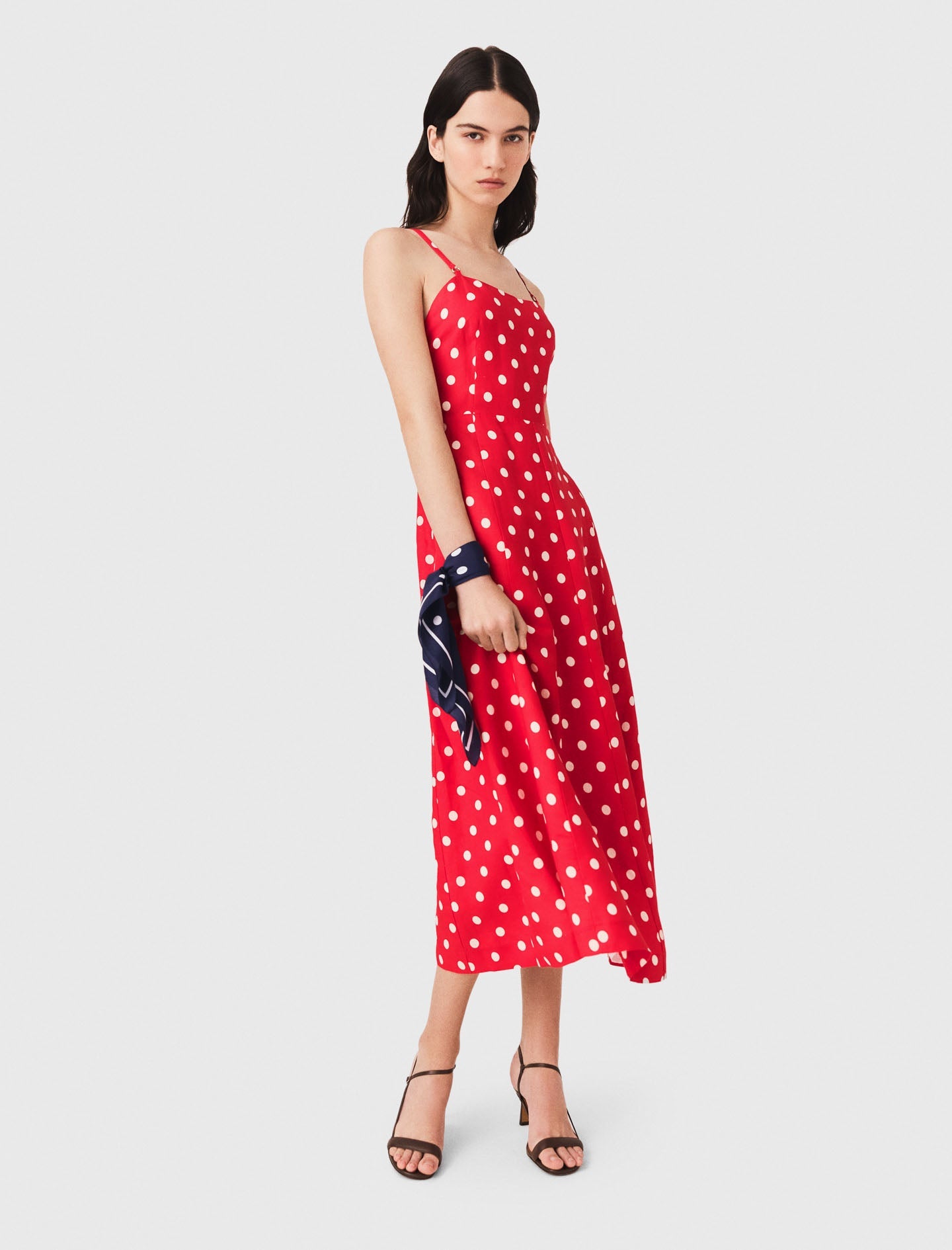 Backless linen-blend maxi dress Red Dots Print