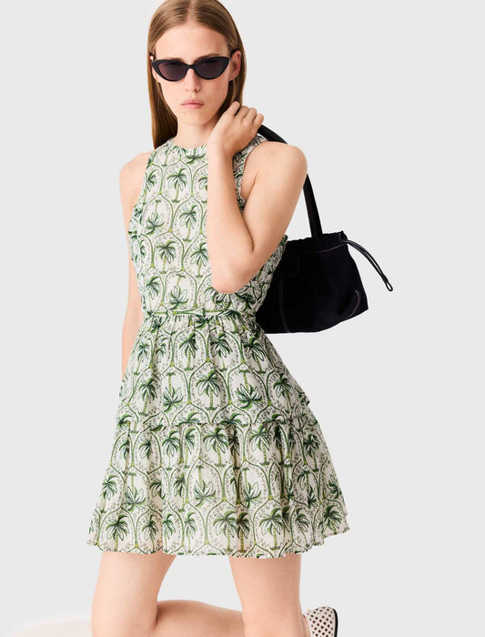 Patterned ruffled dress Green Palm Tree