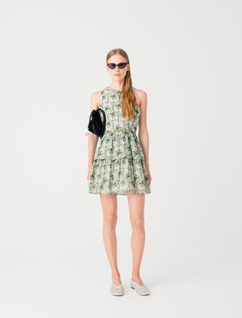 Patterned ruffled dress Green Palm Tree