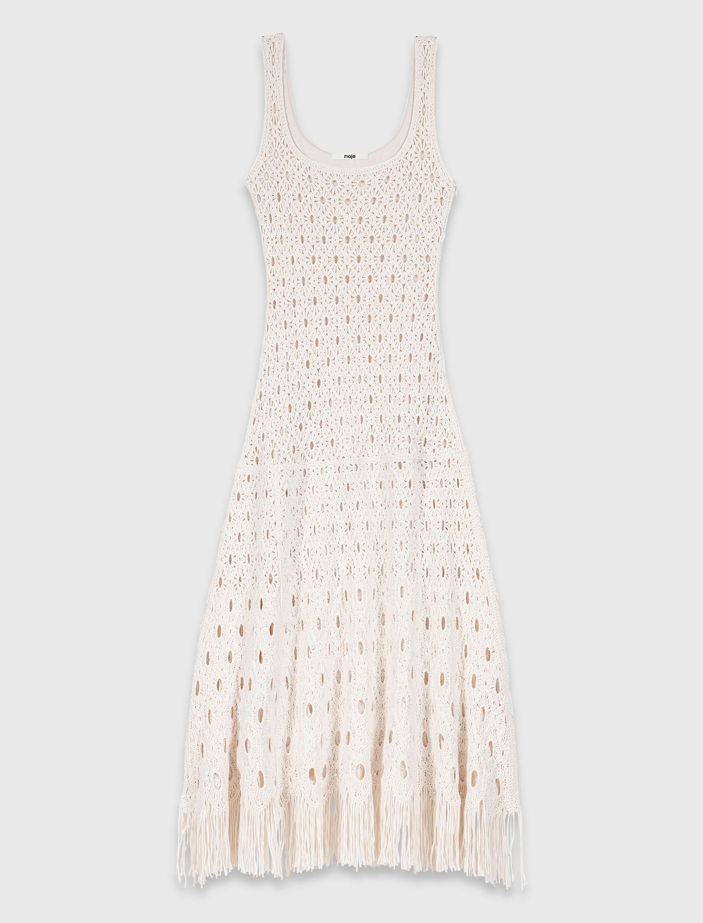 Fringed crochet maxi dress Ecru