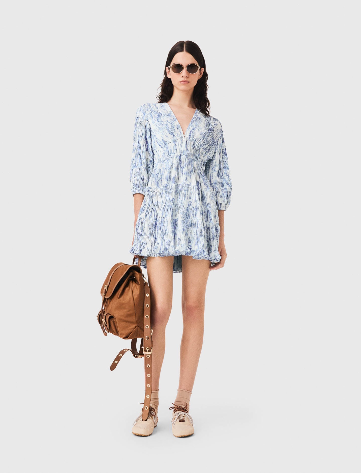 Patterned pleated dress Sky Blue Large Flowers Print