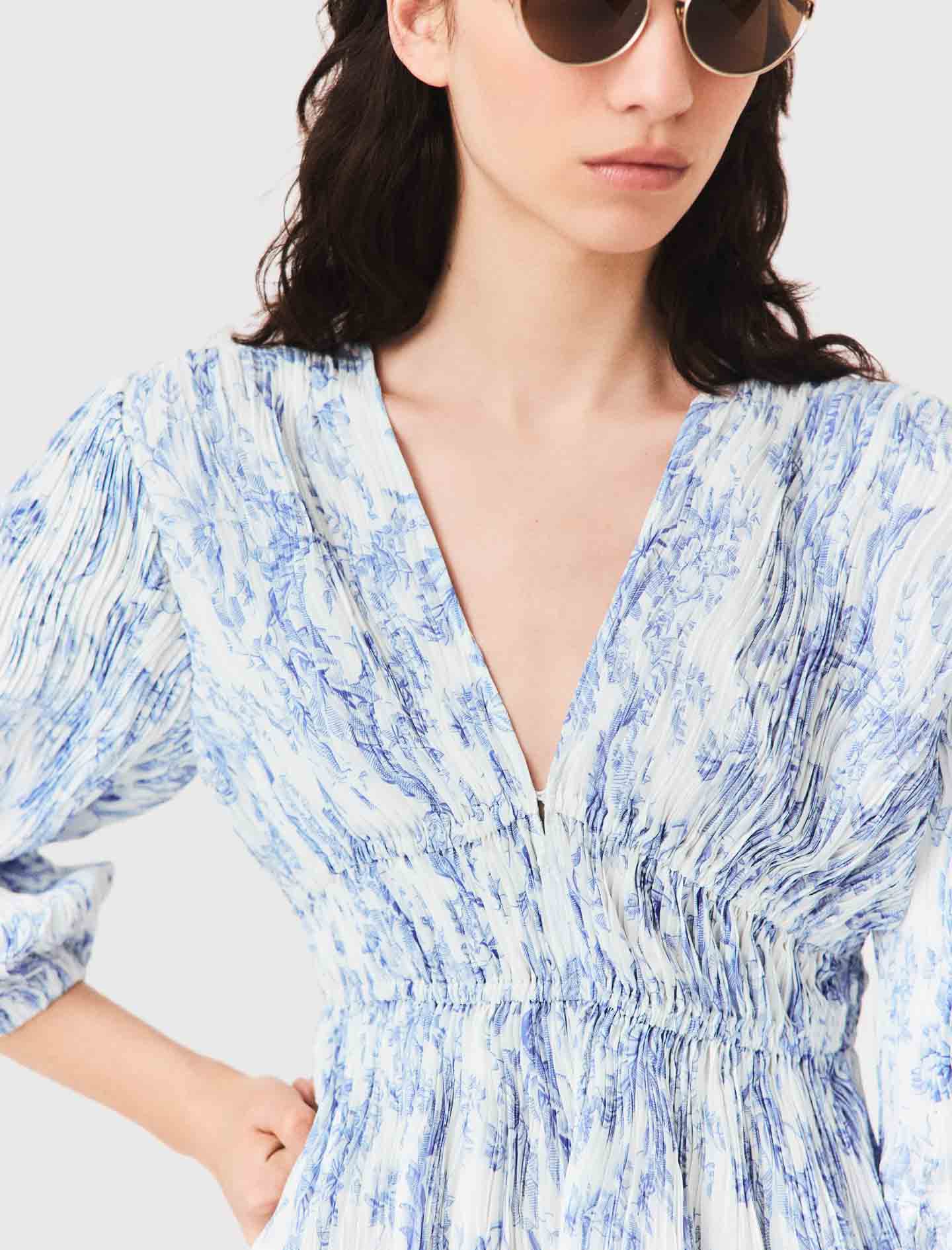 Patterned pleated dress Sky Blue Large Flowers Print