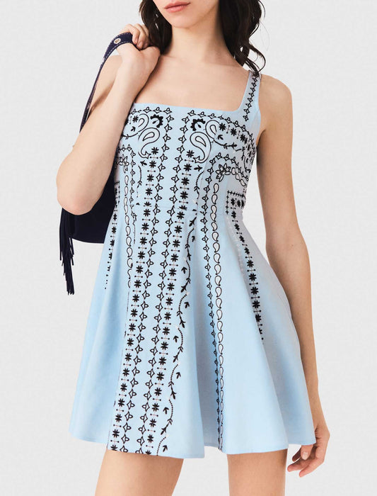 Short embroidered linen-blend dress Blue