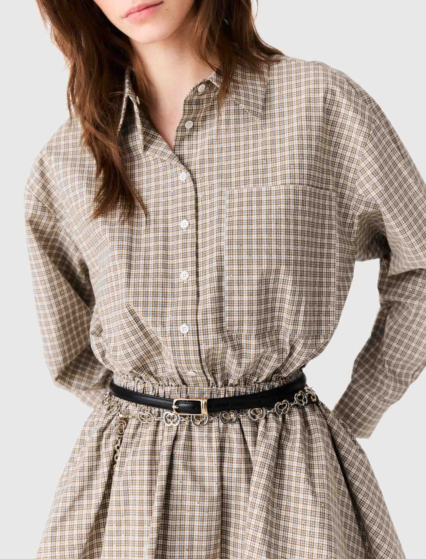 Short rhinestone checked dress Beige