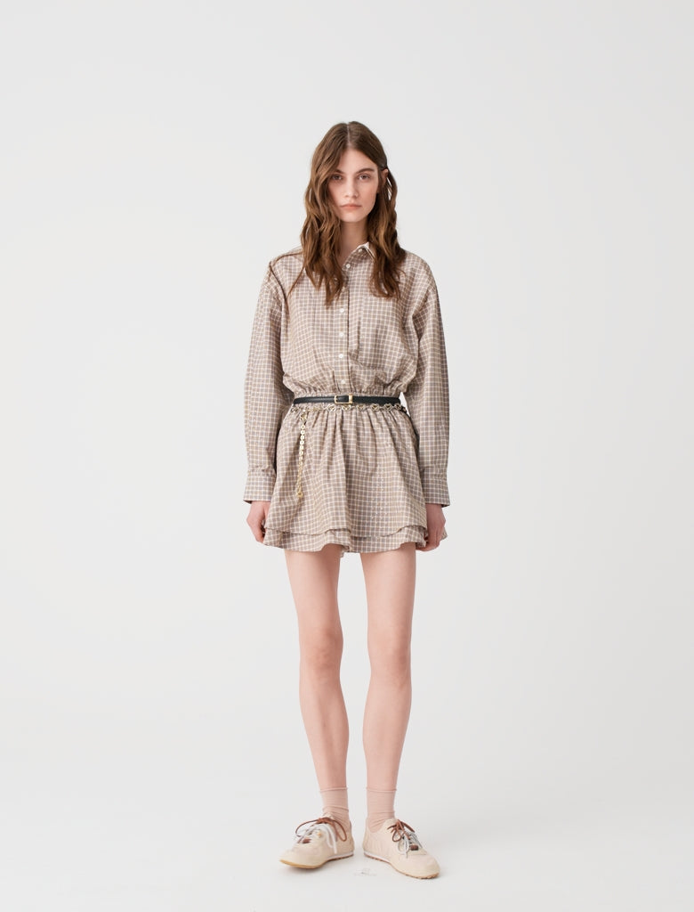 Short rhinestone checked dress Beige
