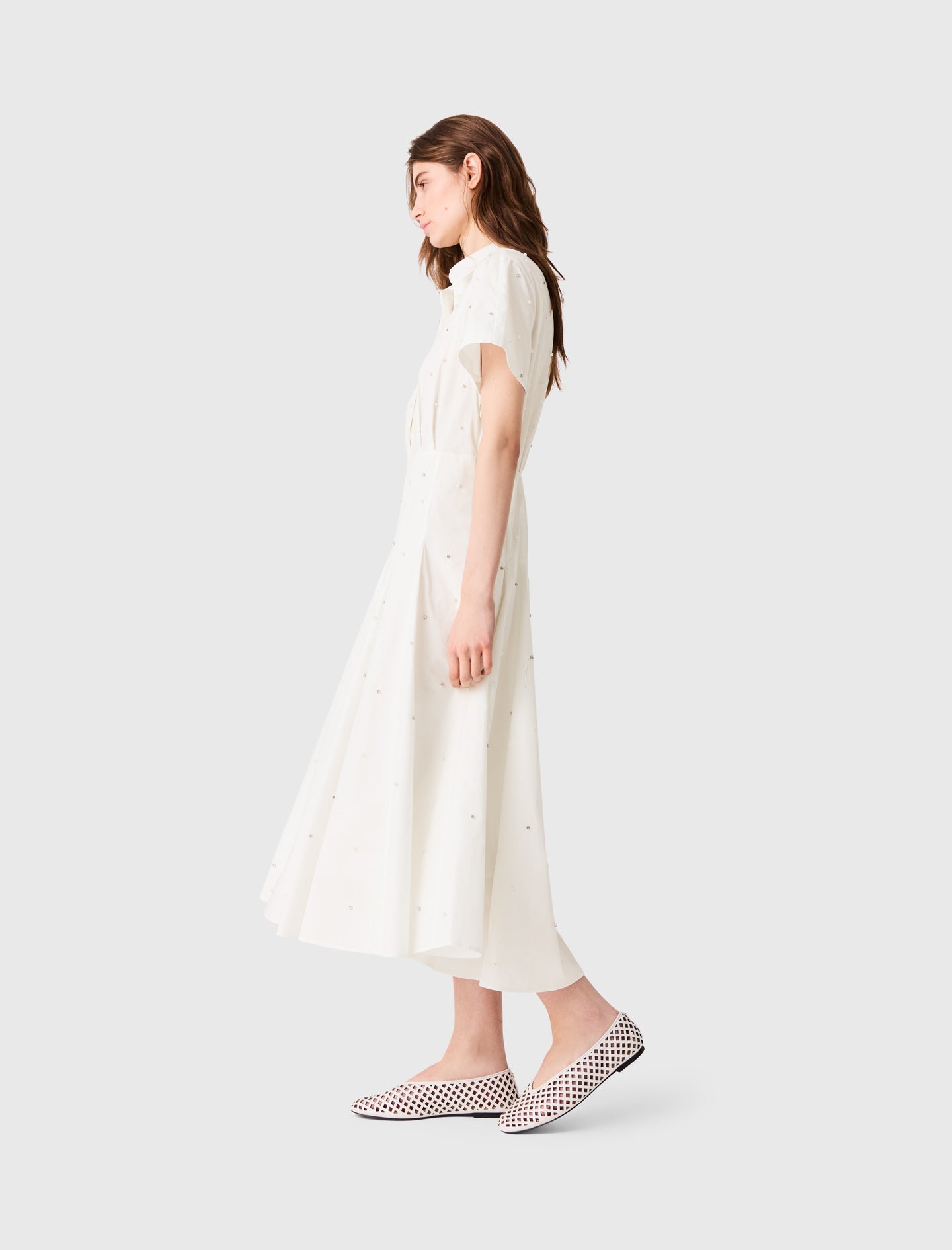 Beaded and rhinestone shirt dress White