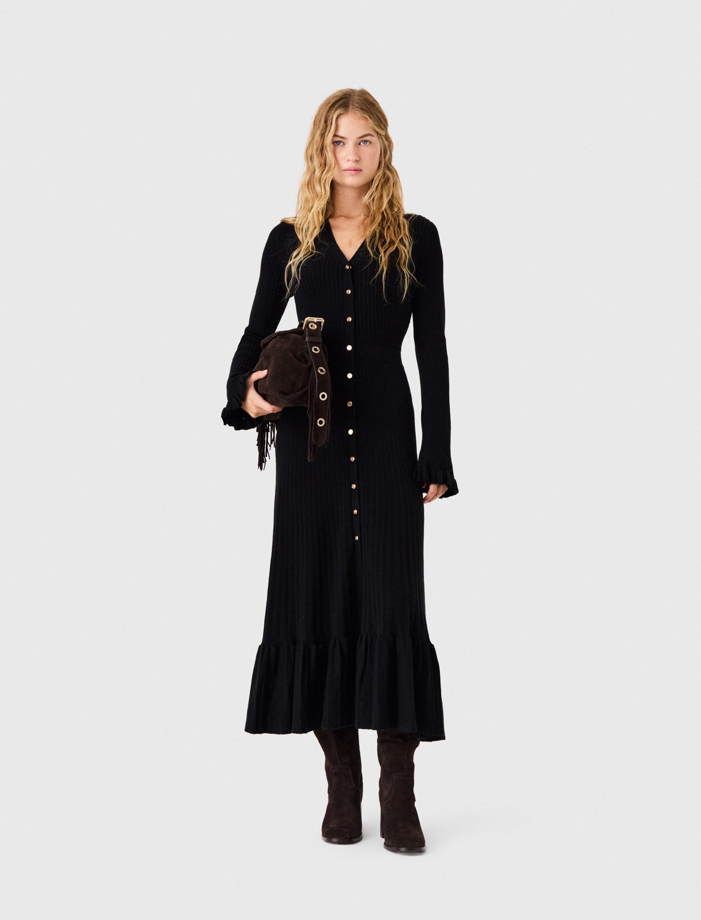 Ruffled knit maxi dress Black