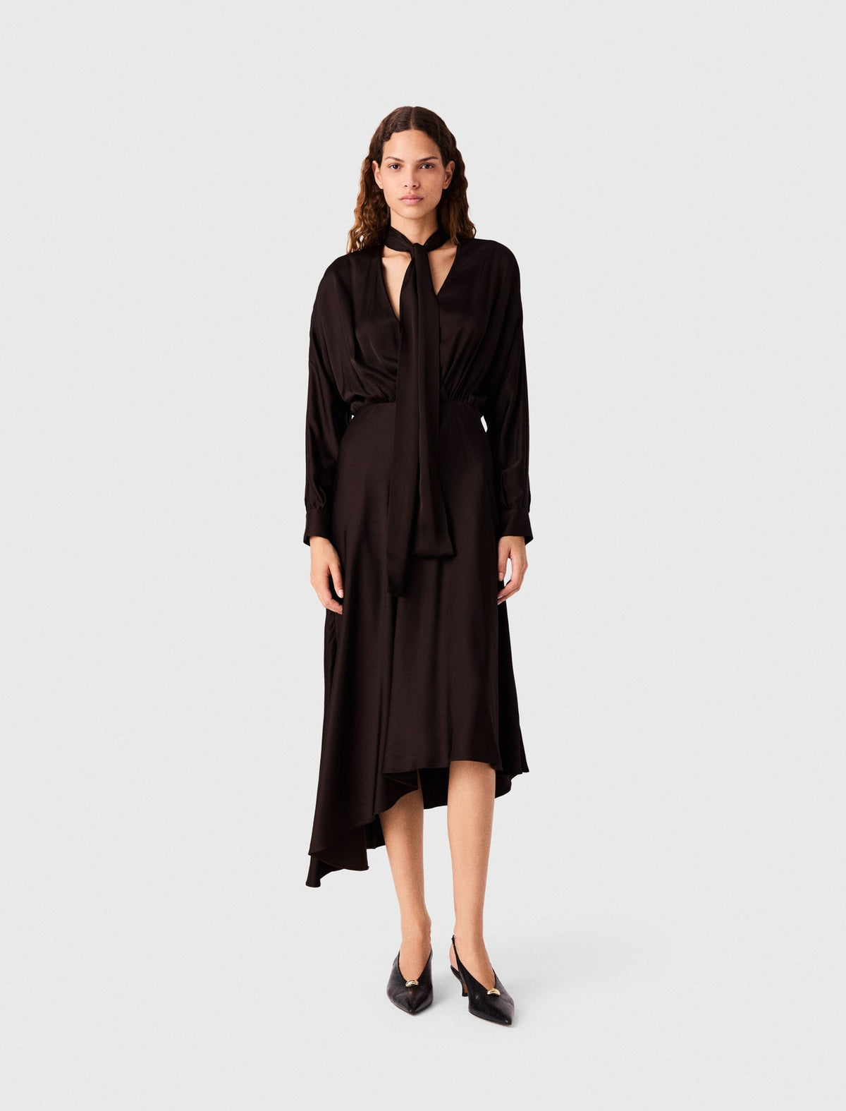 Asymmetrical Satin Midi Dress Dark Brown