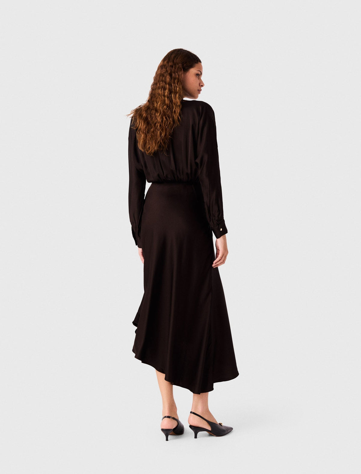 Asymmetrical Satin Midi Dress Dark Brown