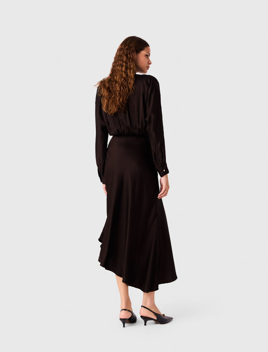 Asymmetrical Satin Midi Dress Dark Brown