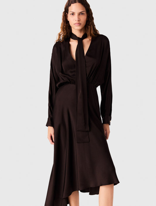 Asymmetrical Satin Midi Dress Dark Brown