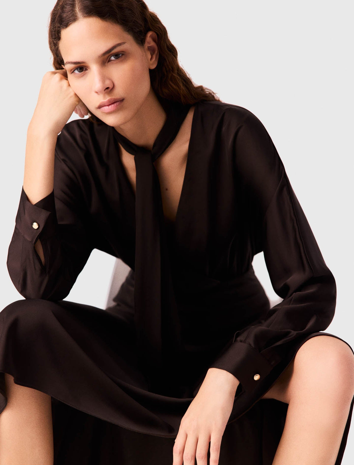 Asymmetrical Satin Midi Dress Dark Brown
