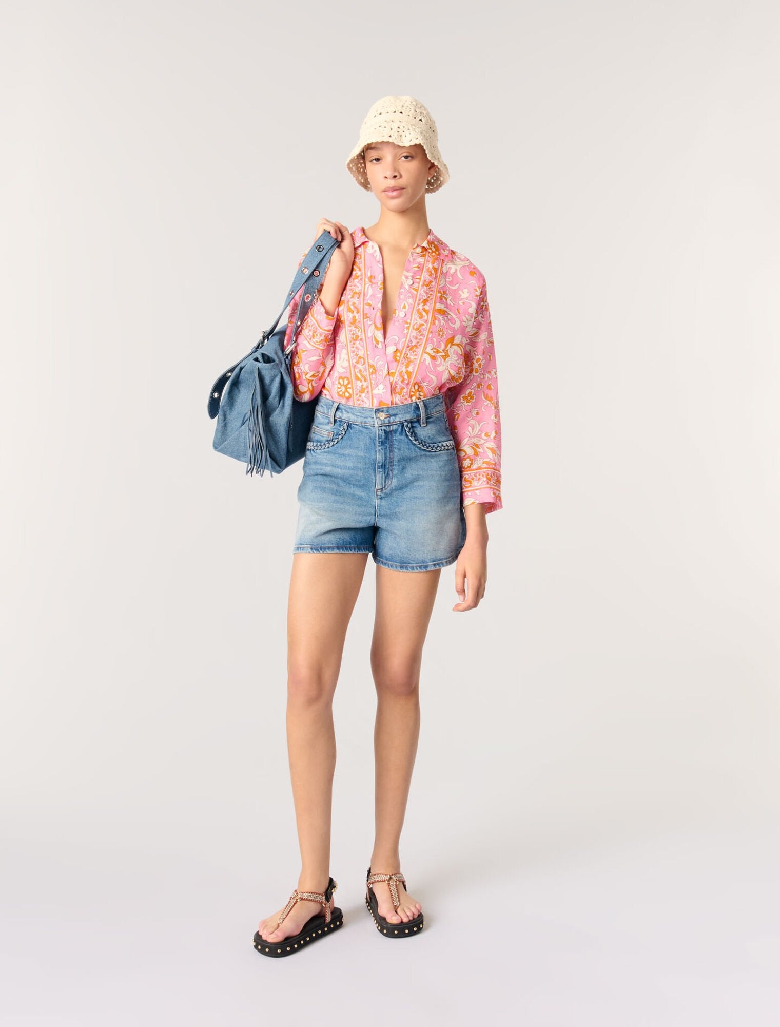 Blue-featured-Denim shorts with braided trim