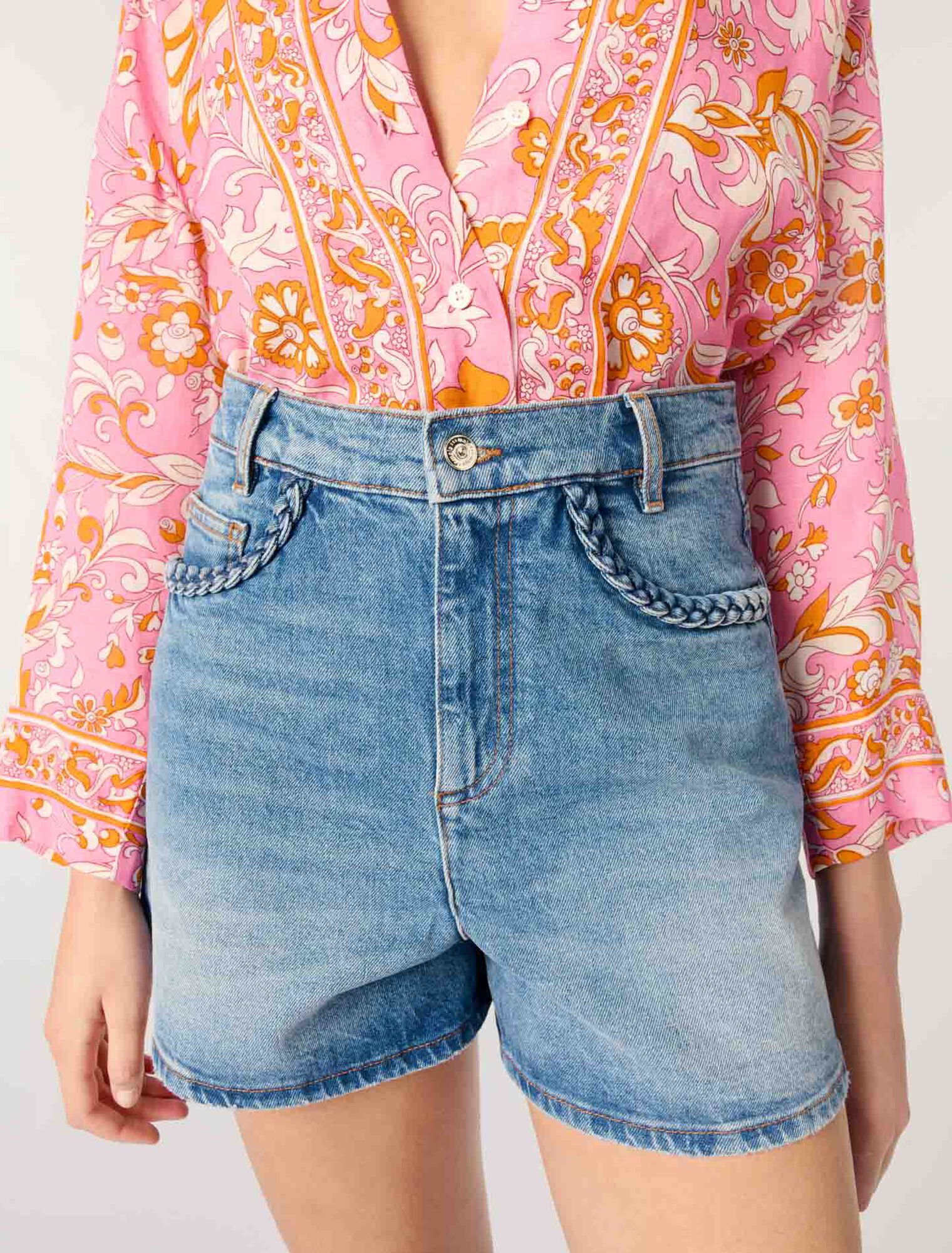 Blue-Denim shorts with braided trim