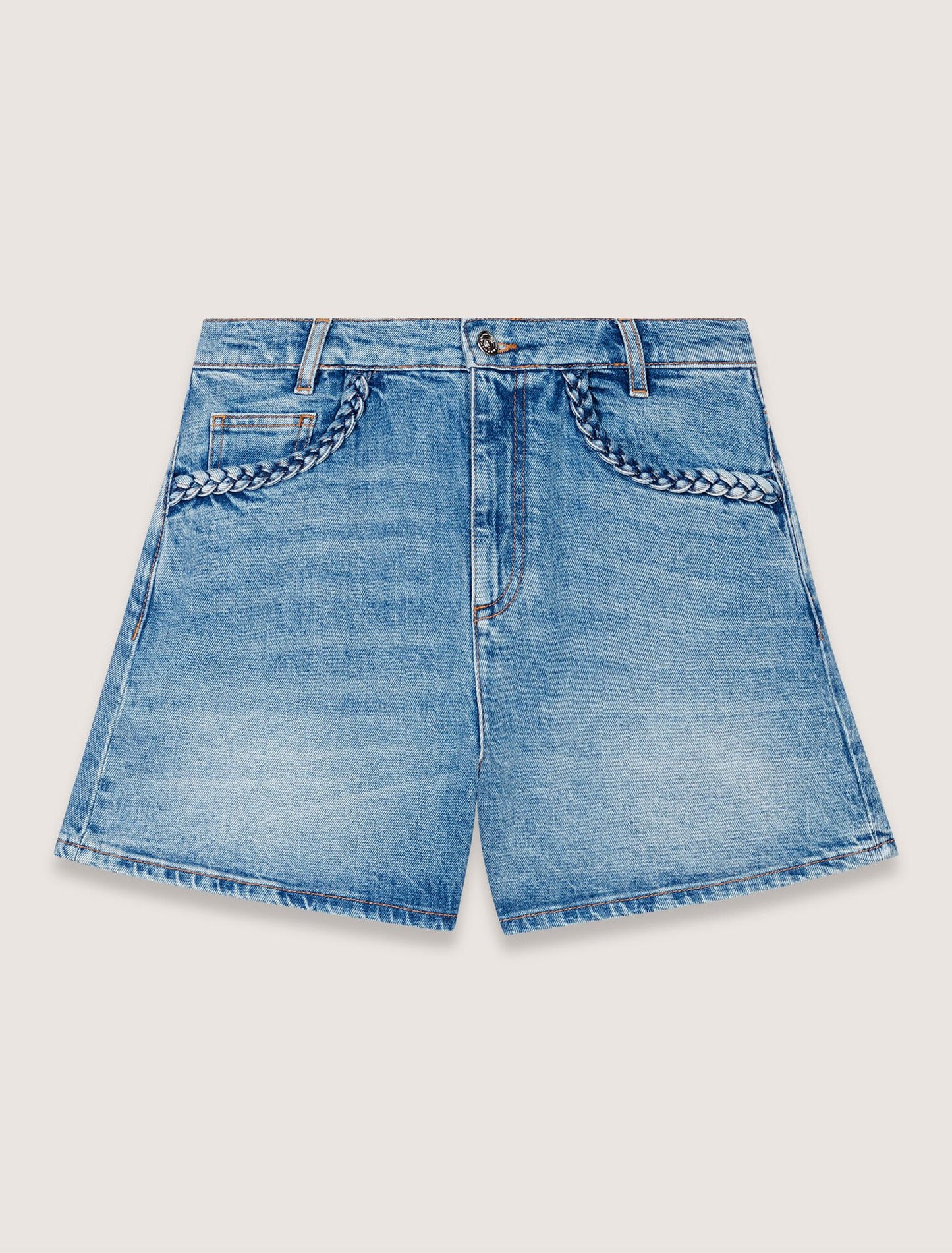 Blue-Denim shorts with braided trim