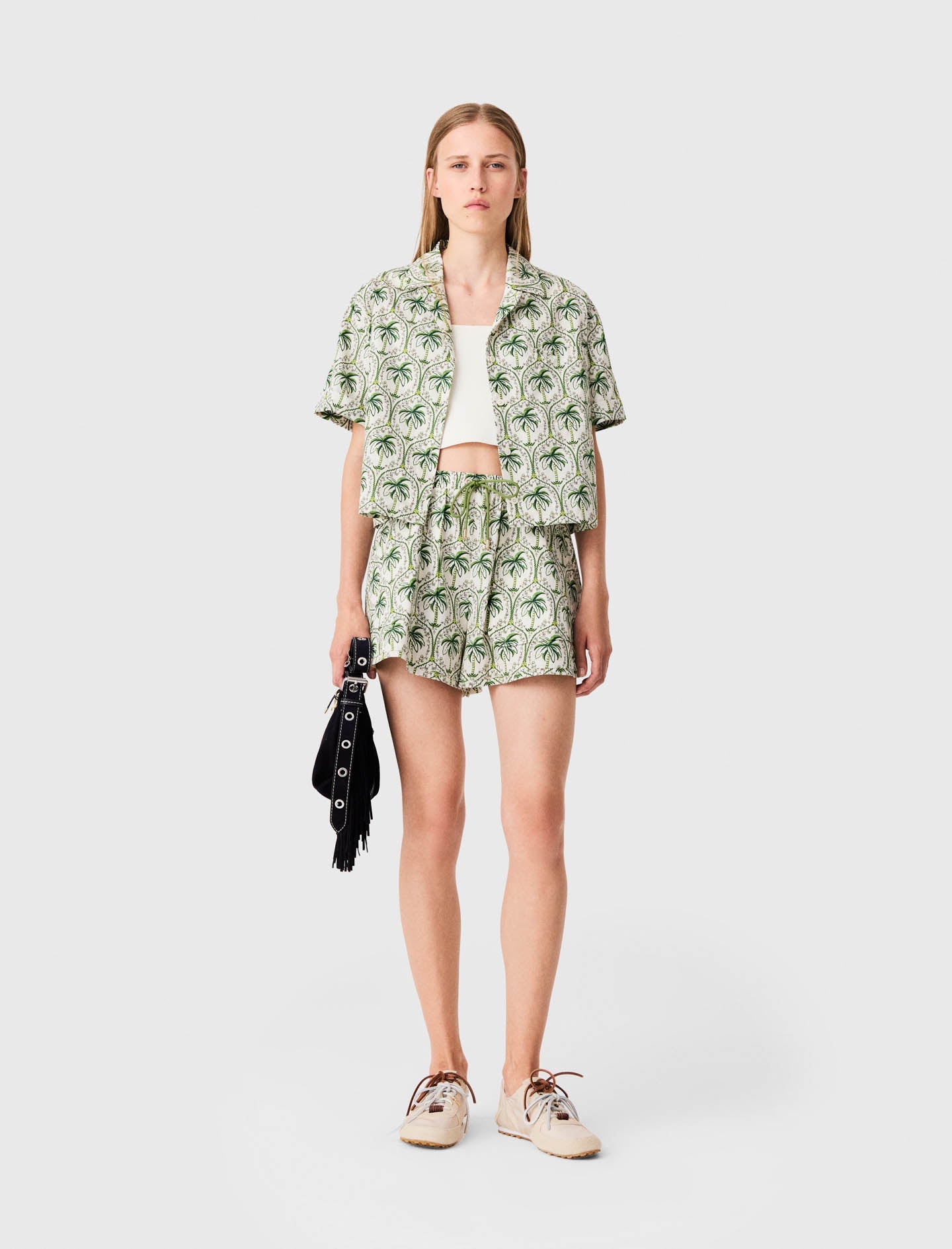 Patterned elastic waist shorts Green Palm Tree
