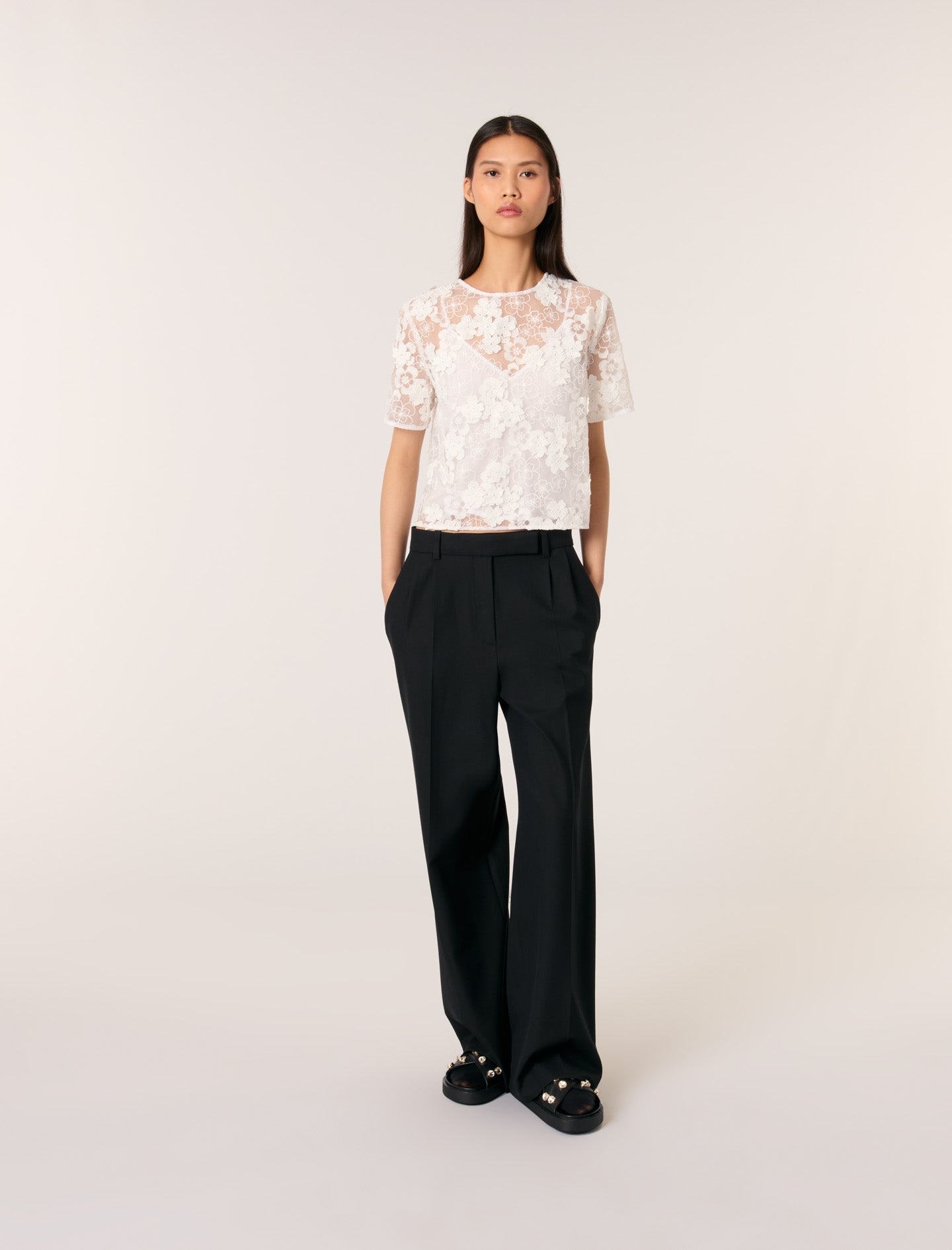 White featured Floral Lace T-shirt