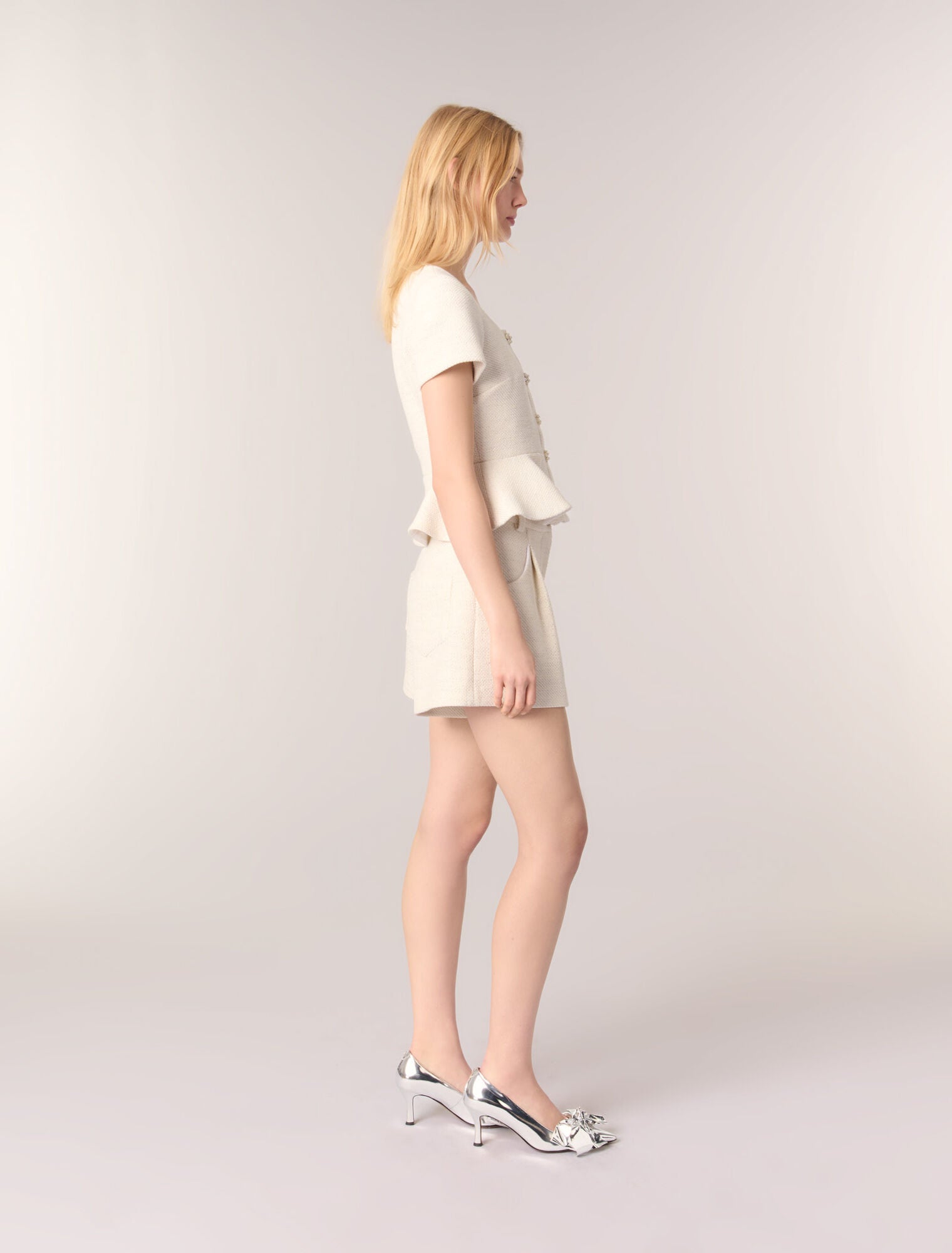 Ecru-Tweed and lurex peplum top
