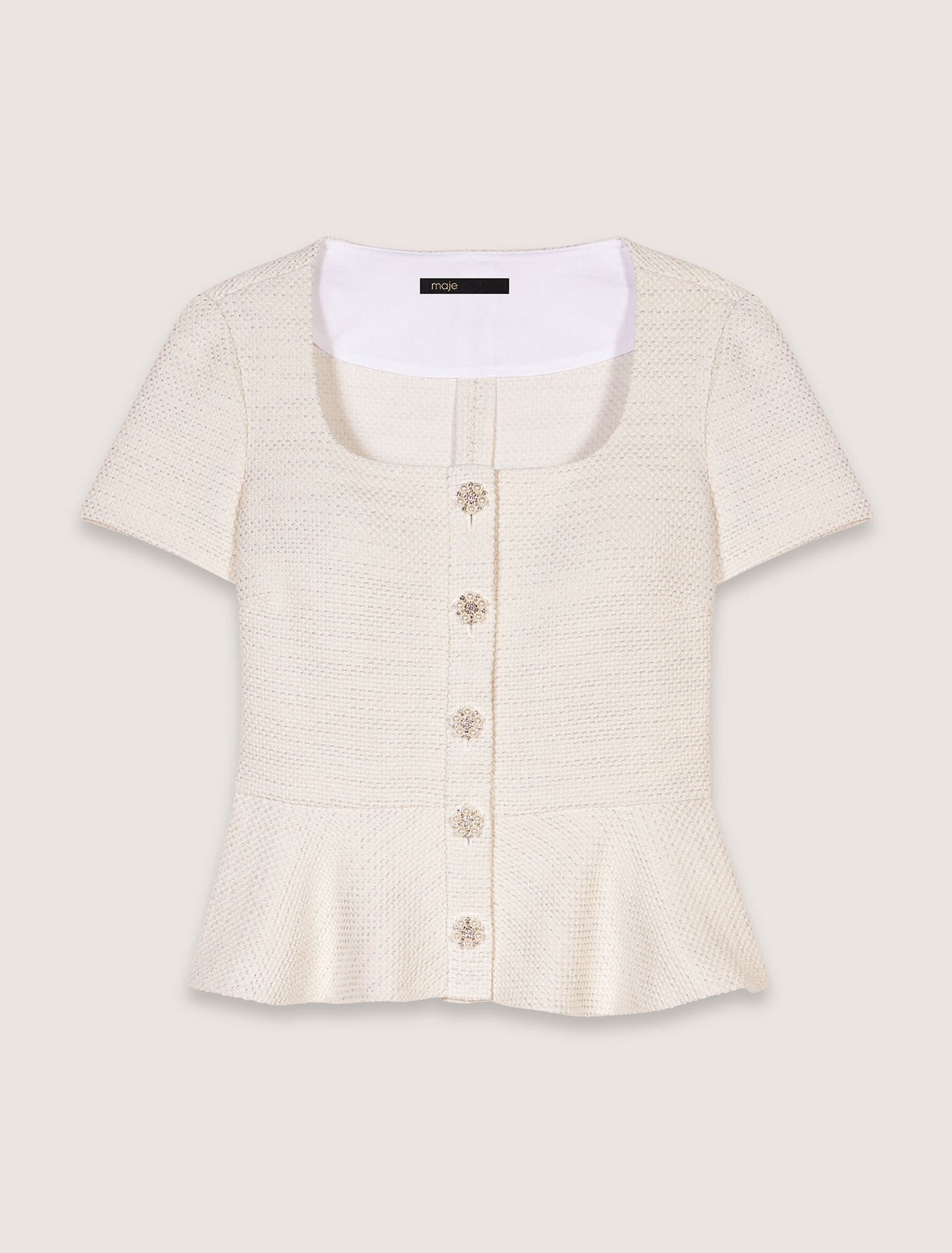 Ecru-Tweed and lurex peplum top