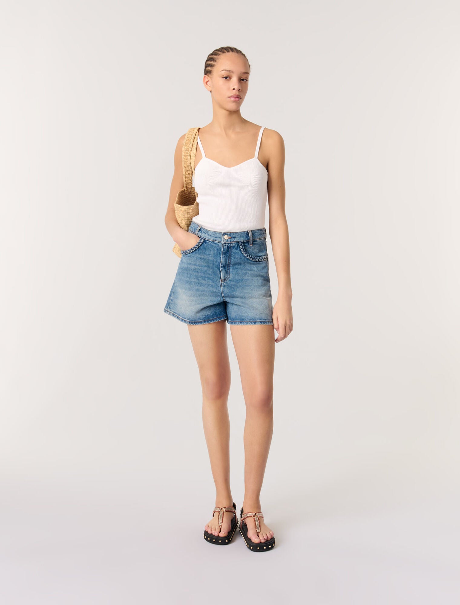 White-featured-Rib knit top