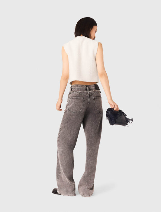 سترة تويد مزينة بالخرز باللون البيج