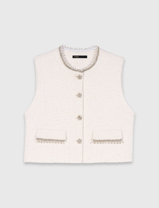 سترة تويد مزينة بالخرز باللون البيج