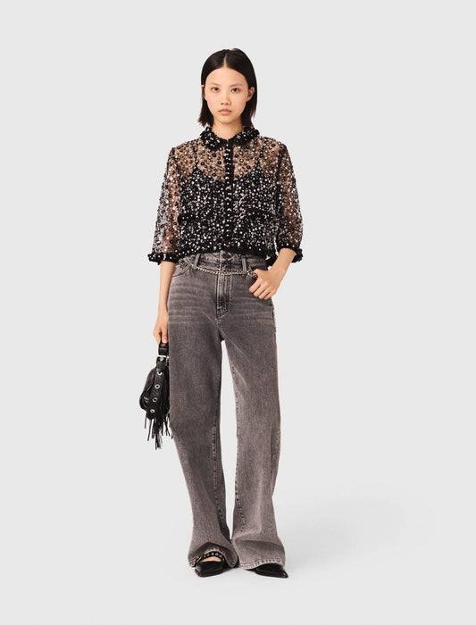 Floral Rhinestone Polo Black