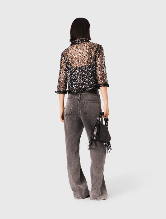 Floral Rhinestone Polo Black