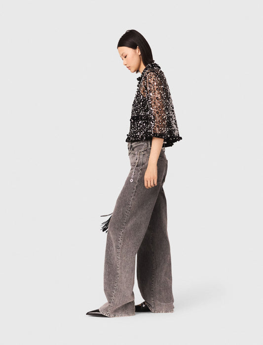 Floral Rhinestone Polo Black