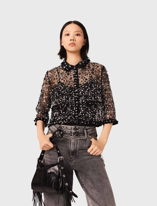 Floral Rhinestone Polo Black