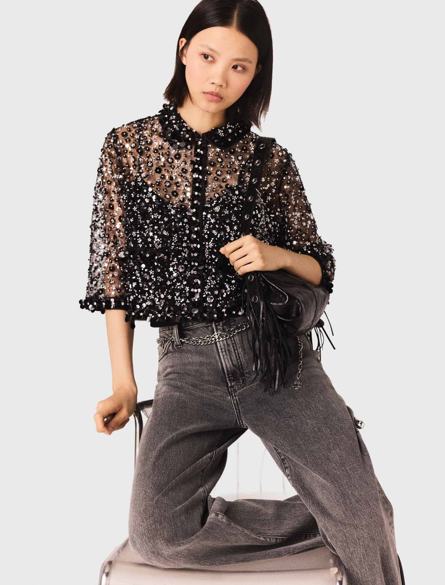 Floral Rhinestone Polo Black