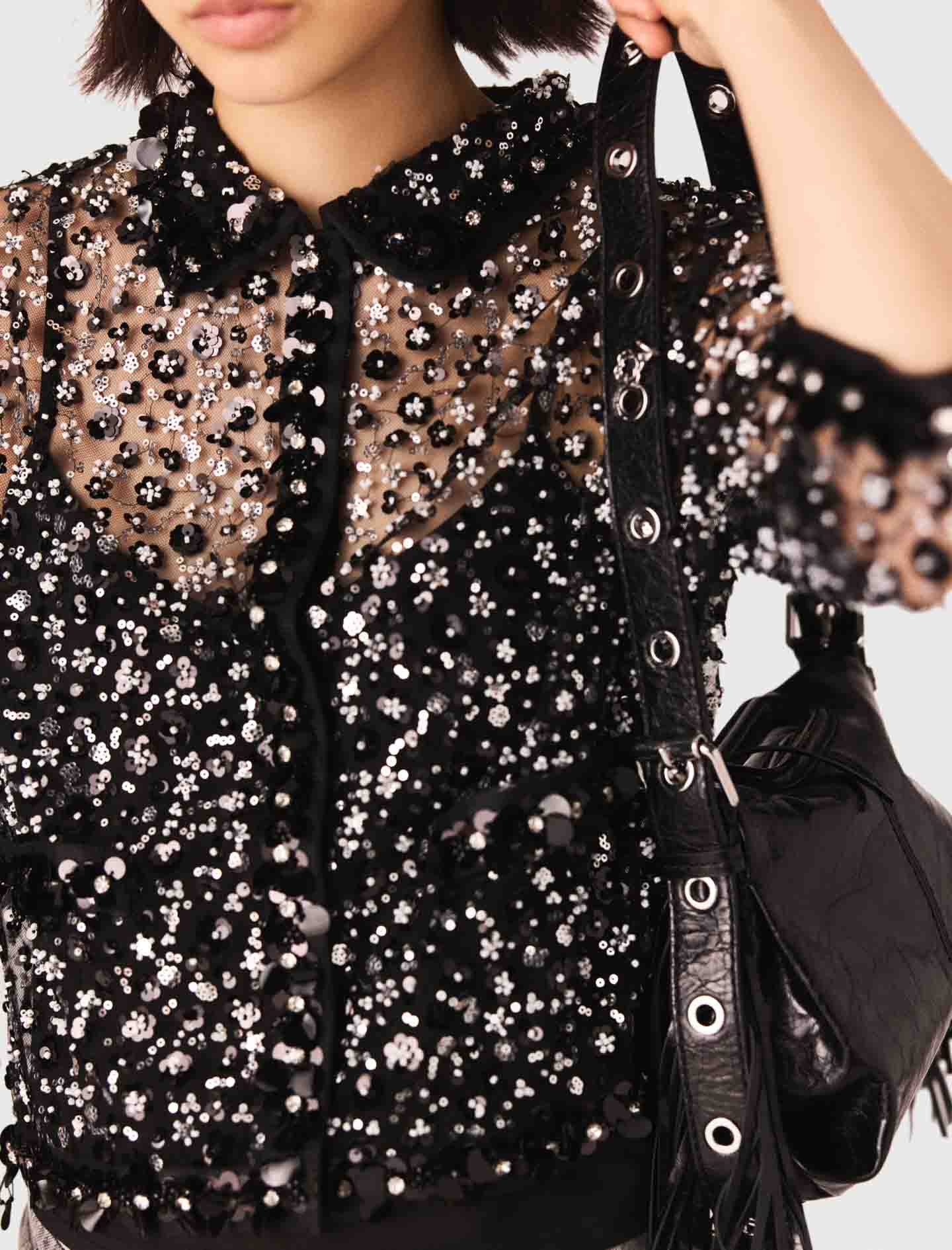 Floral Rhinestone Polo Black