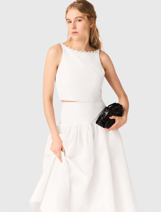 Jewelled Collar Taffeta Crop Top White