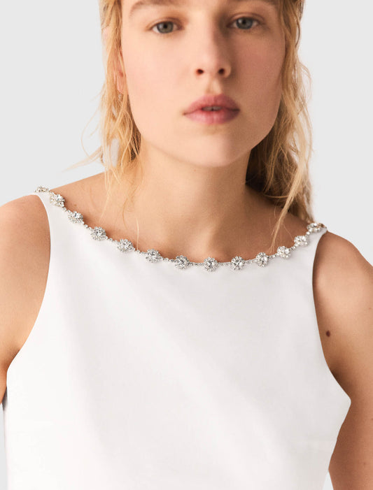 Jewelled Collar Taffeta Crop Top White