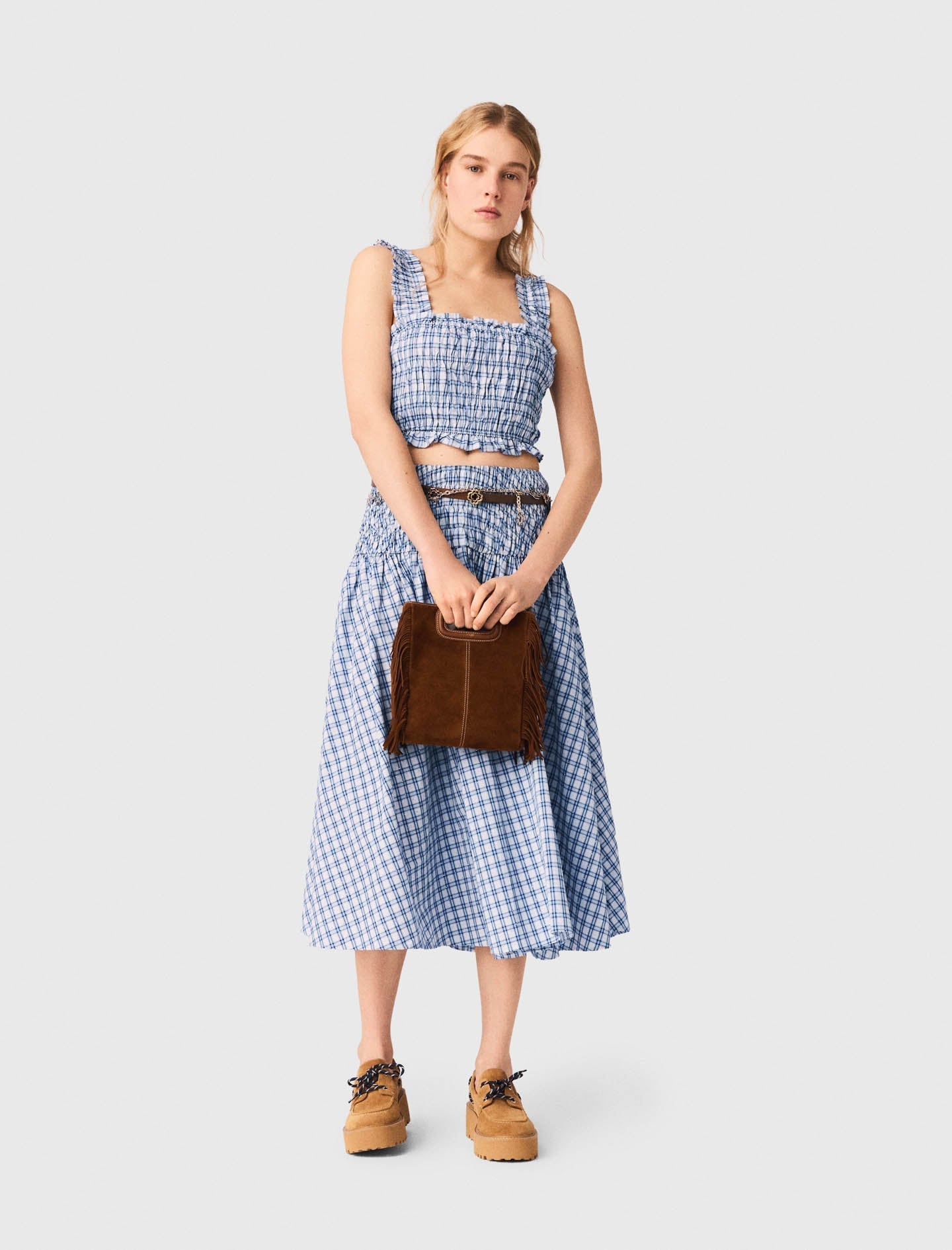 Smocked Rhinestone Cotton Top Blue Check Print BLUE CHECK PRINT