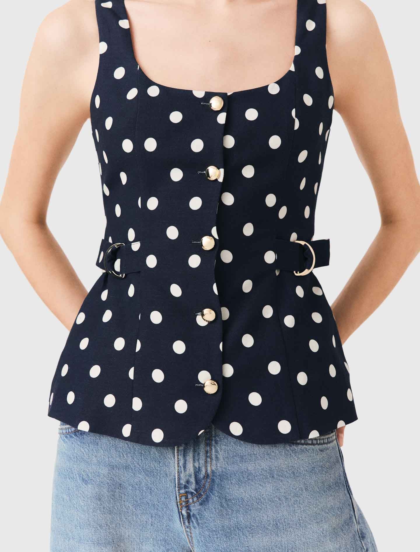 Long linen blend jacket Navy Dots Print